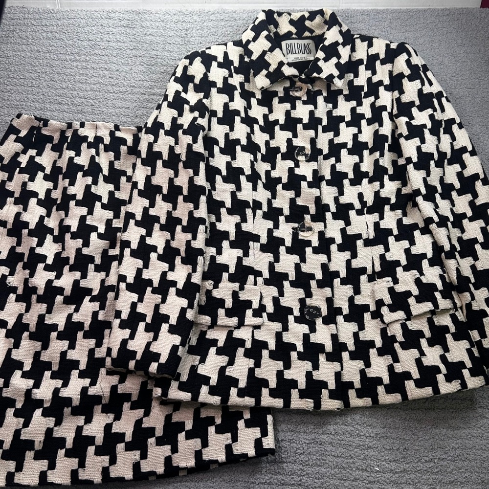 Bill Blass Skirt Suit Houndstooth Black White 10 Vintage 90s Old Money Academic